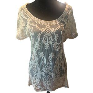 Dulcie Sheer Lace Short Sleeved Top M Embroidered Sheer Boho Coquette mesh